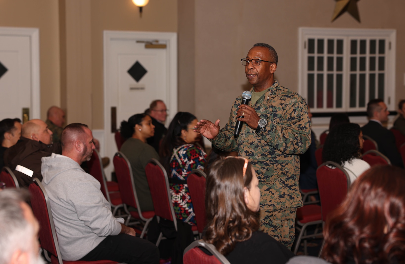 U.S. Marine Corps Col. Michael L. Brooks, South Boston, Virginia, native and base commander of Marine Corps Base Quantico, addresses attendees during the Civilian Quarterly Awards ceremony at The Clubs at Quantico, MCINCR-MCBQ, Virginia, Jan. 11, 2024. This ceremony recognizes the base’s civilian employees for commendatory work they did during the previous quarter of the year. (U.S. Marine Corps photo by Lance Cpl. David Brandes)