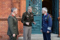 Army Gen. Daniel Hokanson, chief, National Guard Bureau, center, meets with Lt. Gen. Sean Clancy, the Irish Defense Forces chief of staff, Dublin, Ireland, Jan. 16, 2024.