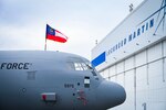The 165th Airlift Wing, Georgia Air National Guard's first C-130J Super Hercules, tail number 5975, is staged in front of a Lockheed Martin hangar in Marietta, Ga., Jan. 22, 2024, for a delivery ceremony display. The 165 AW received the first of its eight C-130J-30 Super Hercules tactical airlift aircraft during a ceremony commemorating a new era in Hercules operations for the wing.