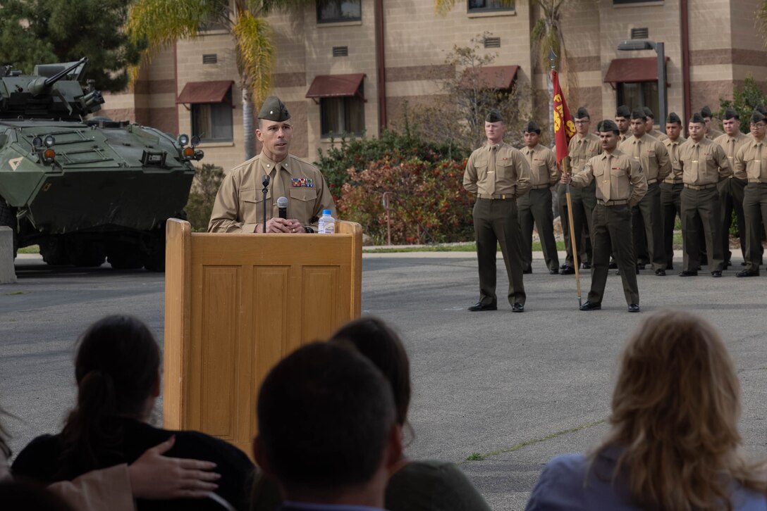U.S. Marine Corps Lt. Col. Jeremy A. Oberdove, the light armored capabilities integration officer with Combat Development and Integration, speaks about Lance Cpl. Shane R. Martin during a command post dedication ceremony at Marine Corps Base Camp Pendleton, California, Jan. 19, 2024. The Marines of 1st Light Armored Reconnaissance Battalion, 1st Marine Division, dedicated their command post to honor Martin, who was killed in action July 29, 2010, while supporting combat operations in Helmand province, Afghanistan. (U.S. Marine Corps photo by Cpl. Willow Marshall)