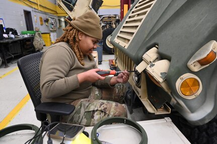 Wheeled vehicle mechanics (91B) keep tactical vehicles operational at the District of Columbia National Guard’s Combined Support Maintenance Shop at Joint Base Anacostia-Bolling, Jan. 18. 2024. District of Columbia National Guard electronics and calibration technicians within the Test Measurement Diagnostic Equipment (TMDE) section are responsible for testing, adjusting, and verifying the accuracy of calibration instruments.