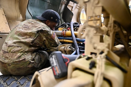 Wheeled vehicle mechanics (91B) keep tactical vehicles operational at the District of Columbia National Guard’s Combined Support Maintenance Shop at Joint Base Anacostia-Bolling, Jan. 18. 2024. District of Columbia National Guard electronics and calibration technicians within the Test Measurement Diagnostic Equipment (TMDE) section are responsible for testing, adjusting, and verifying the accuracy of calibration instruments.