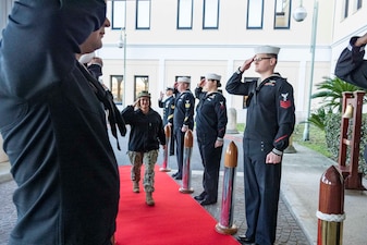 NAPLES, Italy (Jan. 22, 2024) - Chief of Naval Operations Adm. Lisa Franchetti arrives at the U.S. Naval Forces Europe-Africa Headquarters in Naples, Italy, for a fleet visit, Jan. 22. Franchetti and Master Chief Petty Officer of the Navy James Honea traveled to Italy to meet with Sailors and communicate the CNO’s strategic priorities of warfighting, warfighters and the foundation that supports them with the fleet. (U.S. Navy photo by Chief Mass Communication Specialist Amanda R. Gray/released)