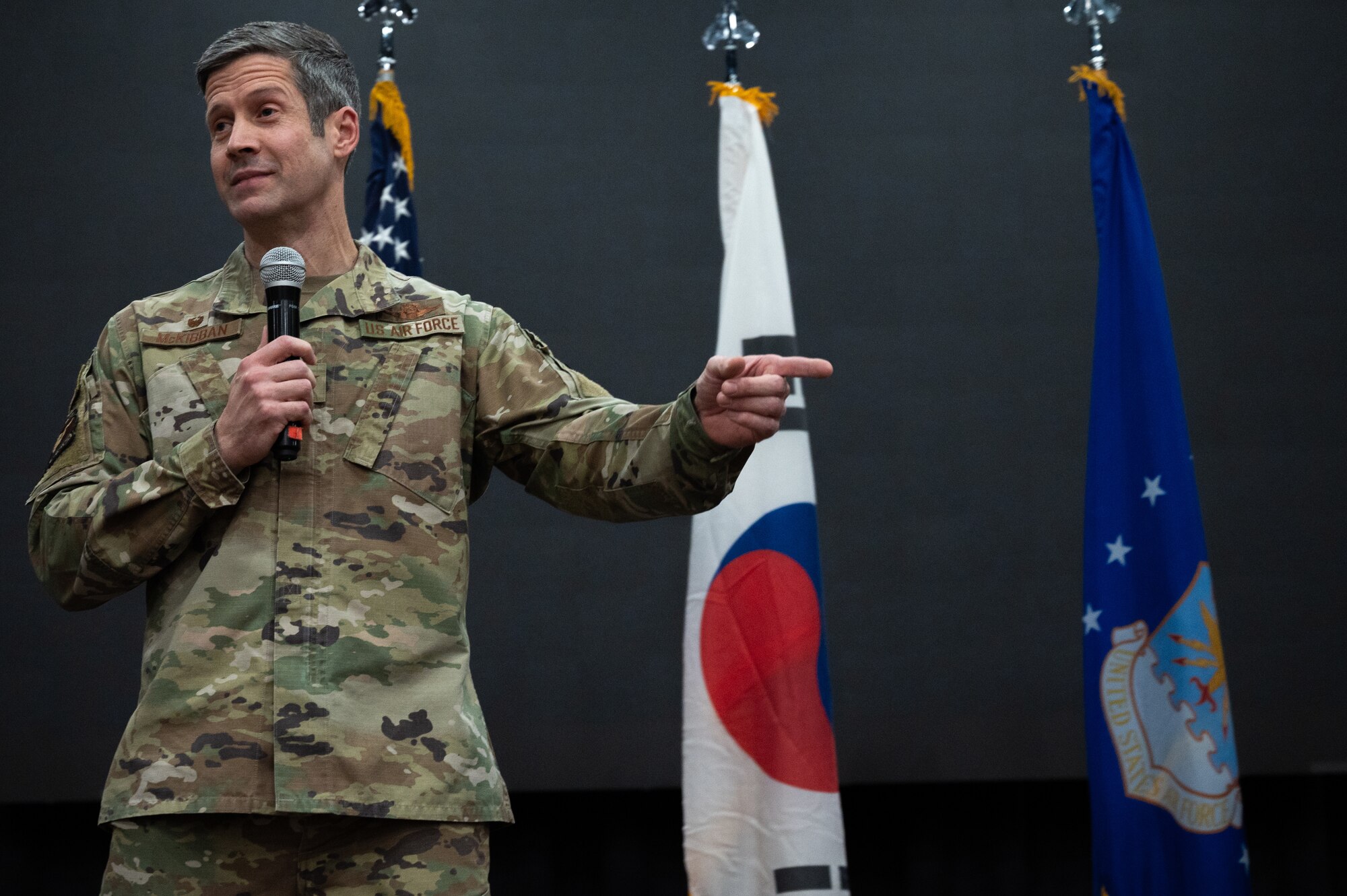 U.S. Air Force Col. William McKibban, 51st Fighter Wing commander, speaks during the 51st FW quarterly awards ceremony at Osan Air Base, Republic of Korea, Jan. 19, 2024. Wing leadership regularly acknowledges outstanding performers, expressing appreciation for their contributions to the "Fight Tonight" mission. (U.S. Air Force photo by Airman 1st Class Chase Verzaal)