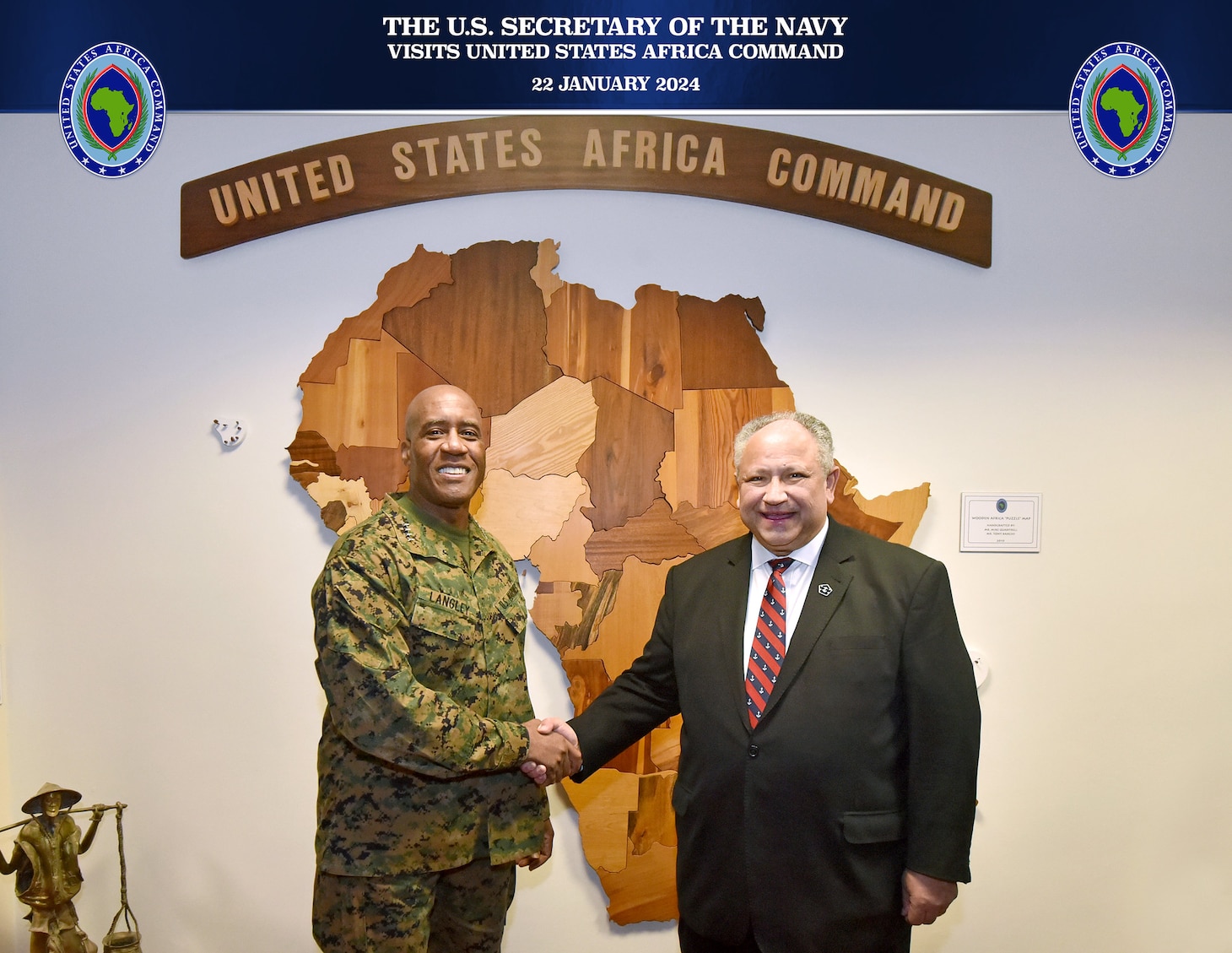Secretary of the Navy Carlos Del Toro meets with U.S. Marine Corps Gen. Michael E. Langley, the sixth commander of U.S. Africa Command (AFRICOM) in Stuttgart, Germany, Jan. 22. The leaders discussed AFRICOM’s efforts to counter transnational threats and malign actors, strengthen security forces, and support partners in Africa using a 3D approach: Diplomacy, Development & Defense.