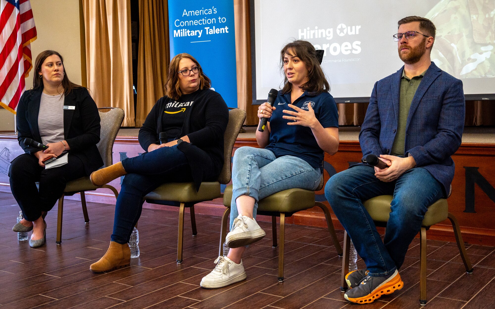 Alexandra Barker, Lowes military recruiter and program manager, participates in a panel during the Hiring our Heroes Career Expo, Jan 18, 2024 at Luke Air Force Base, Arizona.