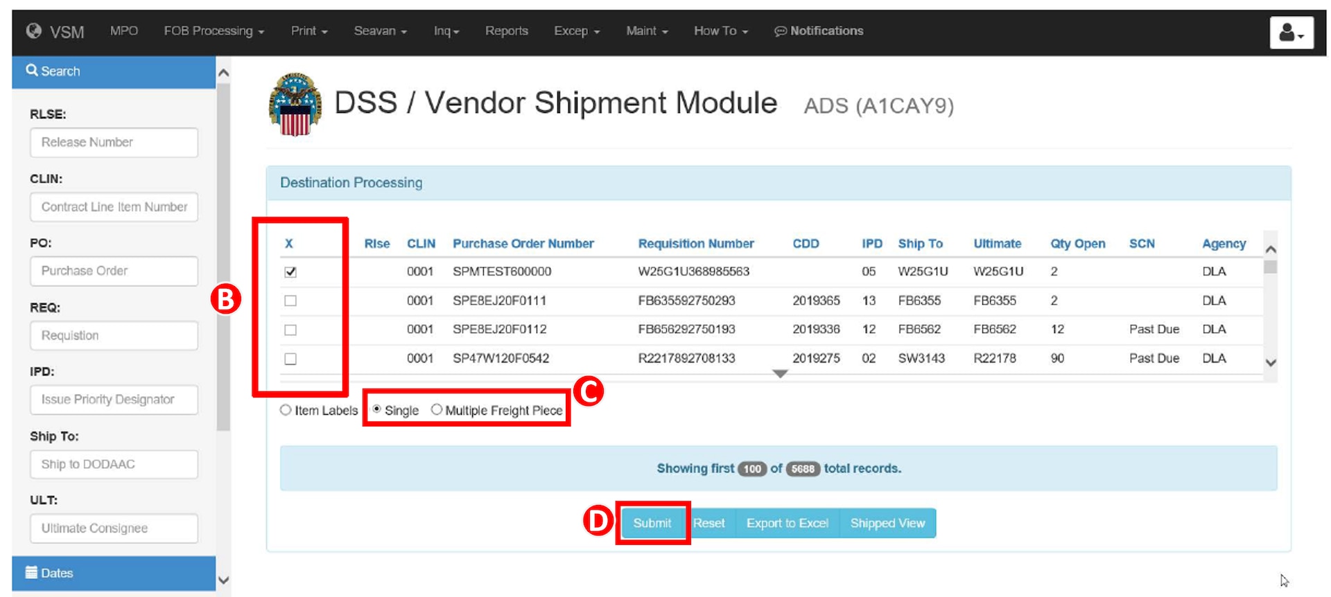 Confirm which contracts in Vendor Shipment Module need shipping documents, select the Single or Multiple radio button, and submit information. Please see adjacent text or context for equivalent information of image.