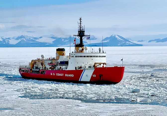 The heavy ice breaker USCGC Polar Star (WAGB 10) breaks ice approaching McMurdo Station, Antarctica. Joint Task Force-Support Forces Antarctica oversees the activities of the joint services and provides Department of Defense support to the National Science Foundation and United States Antarctic Program through Operation Deep Freeze. (U.S. Navy photo by Senior Chief Mass Communication Specialist RJ Stratchko)