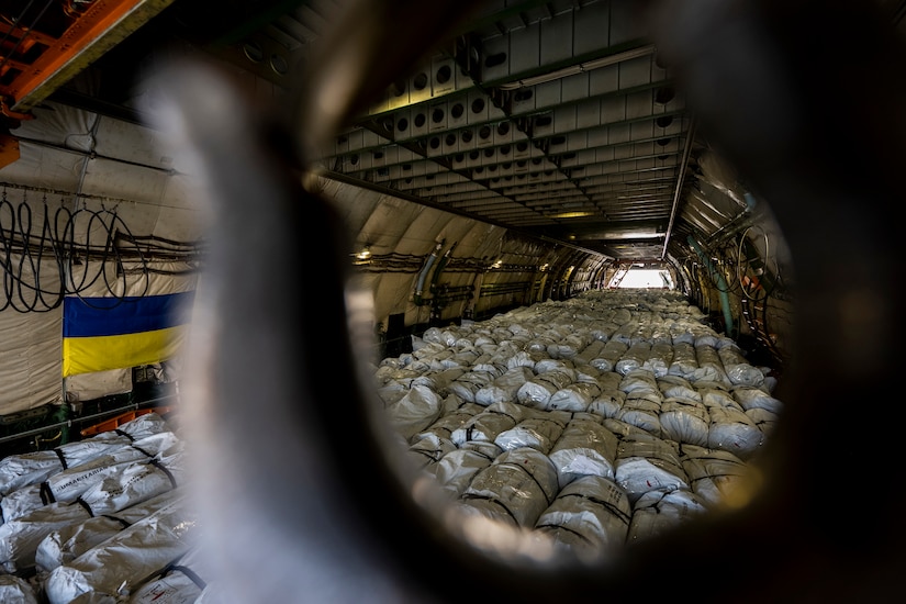Cargo is photographed on a military cargo plane.