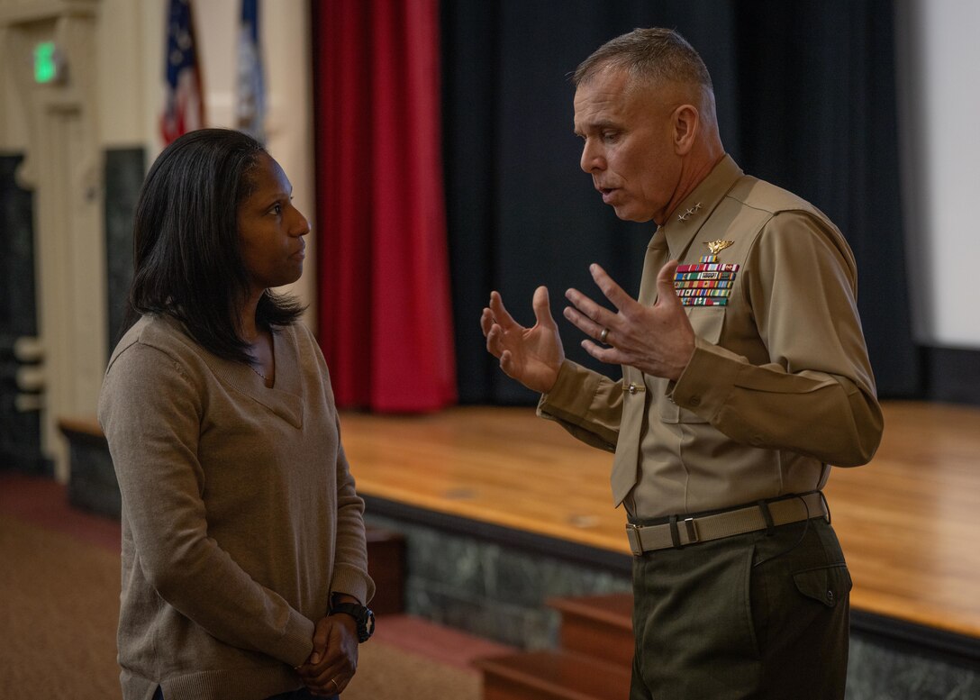 NEWPORT, R.I. – Lt. Gen. Matthew G. Glavy, Deputy Commandant for Information (DC I), U.S. Marine Corps (USMC) Forces, U.S. Strategic Command (USSTRATCOM), delivers a Lecture of Opportunity at the U.S. Naval War College (NWC) on board Naval Station Newport, Rhode Island January 23, 2024. During his visit, Lt. Gen. Glavy met with NWC President Rear Adm. Pete Garvin before giving his lecture on “The Information Warfighting Function” to NWC students, faculty, and staff. In his current role Lt. Gen. Glavy serves as the USMC liaison to Commander, USSTRATCOM, representing USMC capabilities and interests while advising on the proper support and employment of Marine forces. Established in 1884, NWC informs today’s decision-makers and educates tomorrow’s leaders by providing educational experiences and learning opportunities that develop their ability to anticipate and prepare strategically for the future, strengthen the foundations of peace, and create a decisive warfighting advantage. (U.S. Navy photo by Brett Dodge/Released)