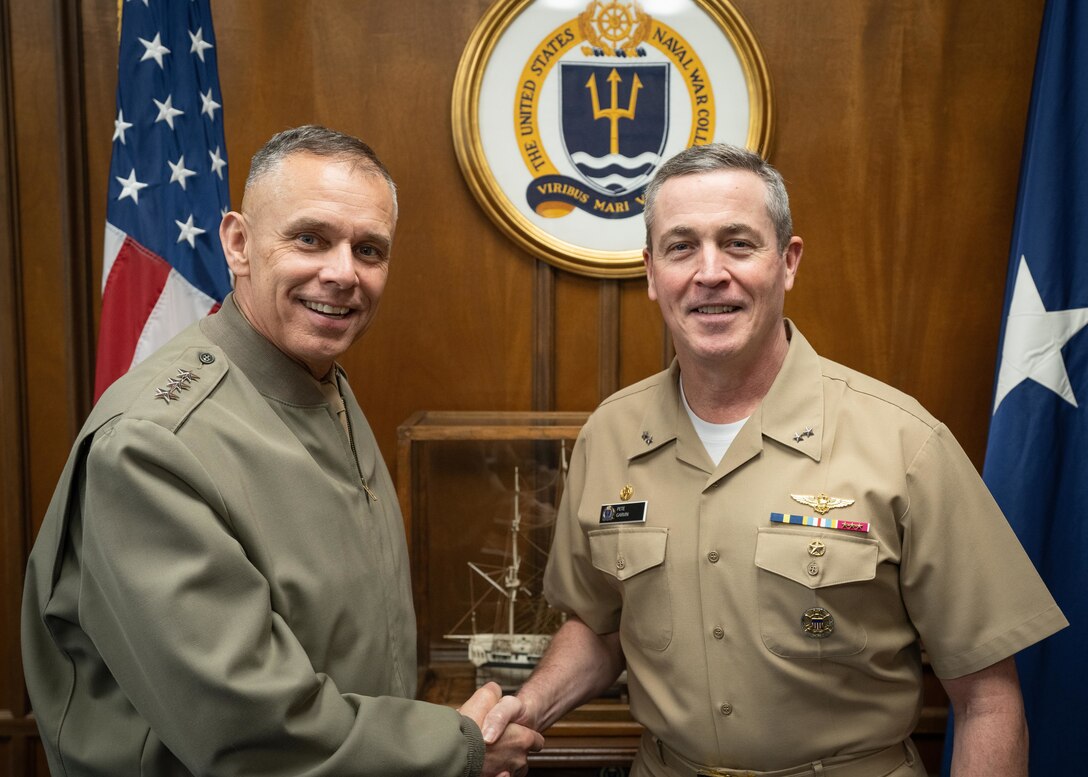 NEWPORT, R.I. – Lt. Gen. Matthew G. Glavy, Deputy Commandant for Information (DC I), U.S. Marine Corps (USMC) Forces, U.S. Strategic Command (USSTRATCOM), delivers a Lecture of Opportunity at the U.S. Naval War College (NWC) on board Naval Station Newport, Rhode Island January 23, 2024. During his visit, Lt. Gen. Glavy met with NWC President Rear Adm. Pete Garvin before giving his lecture on “The Information Warfighting Function” to NWC students, faculty, and staff. In his current role Lt. Gen. Glavy serves as the USMC liaison to Commander, USSTRATCOM, representing USMC capabilities and interests while advising on the proper support and employment of Marine forces. Established in 1884, NWC informs today’s decision-makers and educates tomorrow’s leaders by providing educational experiences and learning opportunities that develop their ability to anticipate and prepare strategically for the future, strengthen the foundations of peace, and create a decisive warfighting advantage. (U.S. Navy photo by Kristopher Burris/Released)