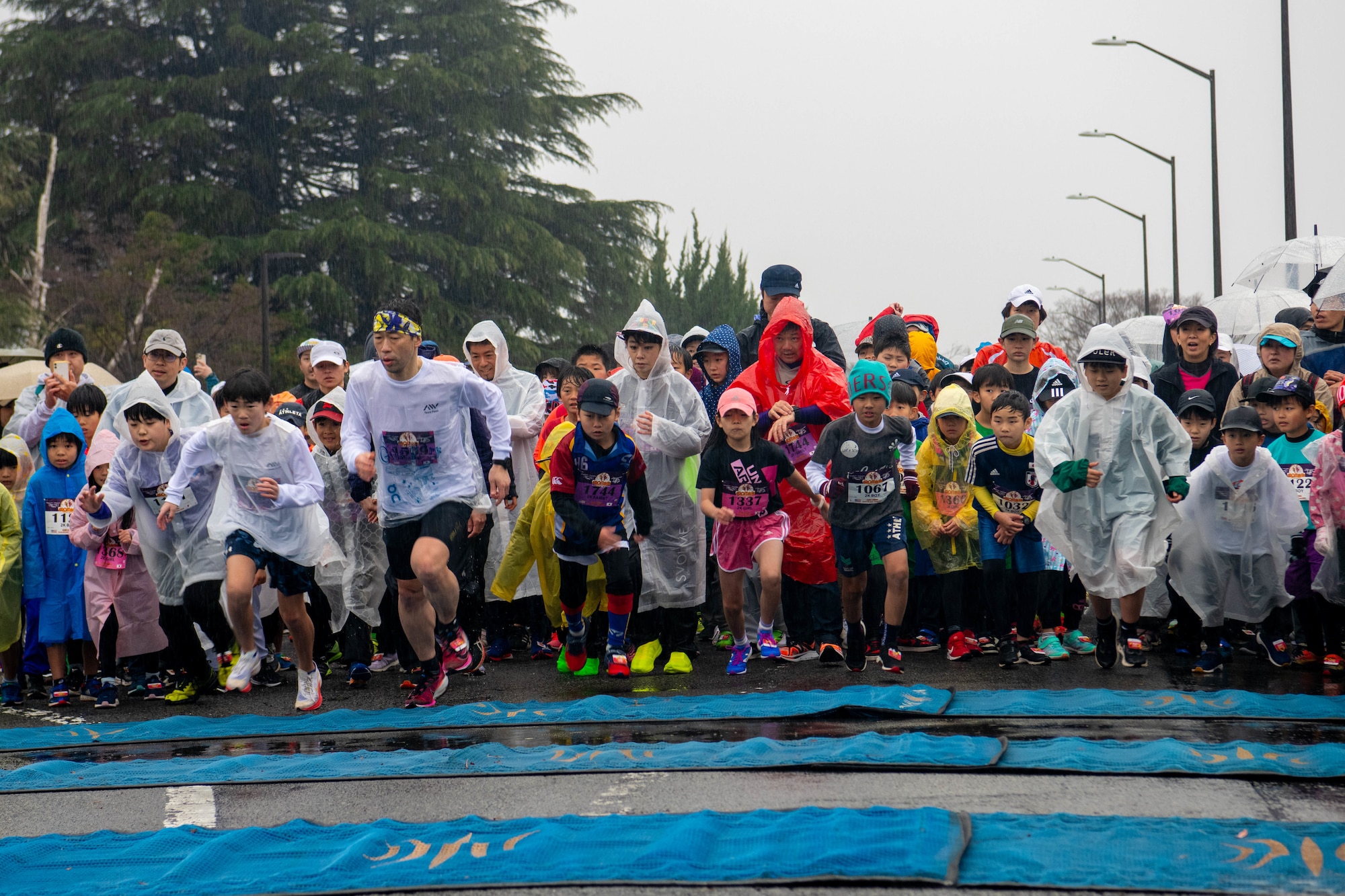 Runners cross the start line.
