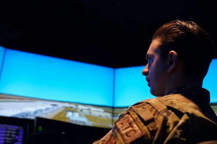 U.S. Air Force Senior Airman Matthew Dodson, 9th Operations Support Squadron air traffic control specialist, monitors a simulated airfield for training Jan. 11, 2024, at Beale Air Force Base, California.