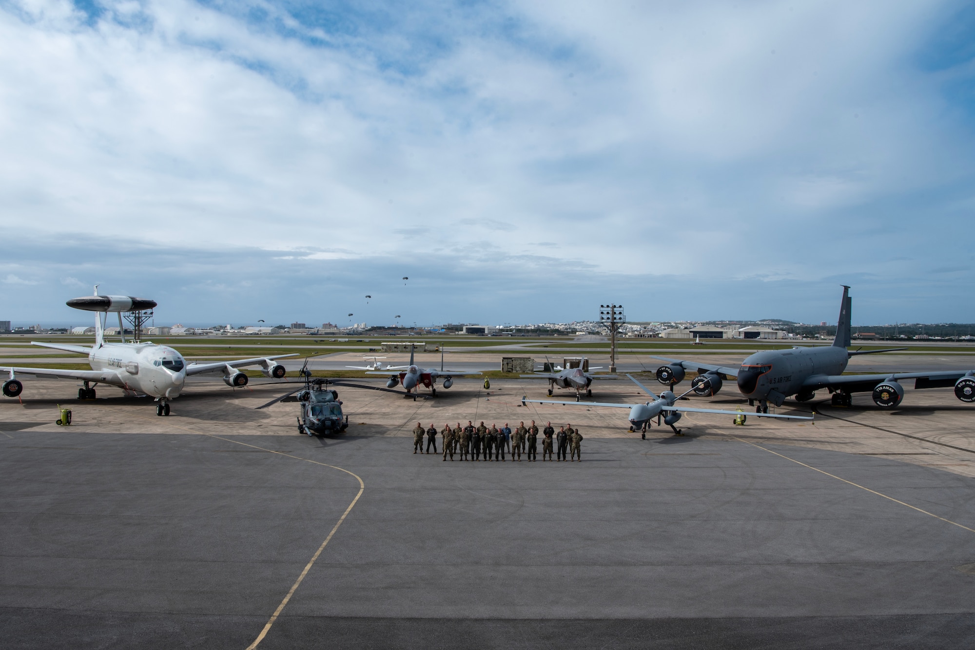 U.S. Air Force 5th Air Force, 18th Wing, 374th Air Wing and 35th Fighter Wing leadership pose for a photo.