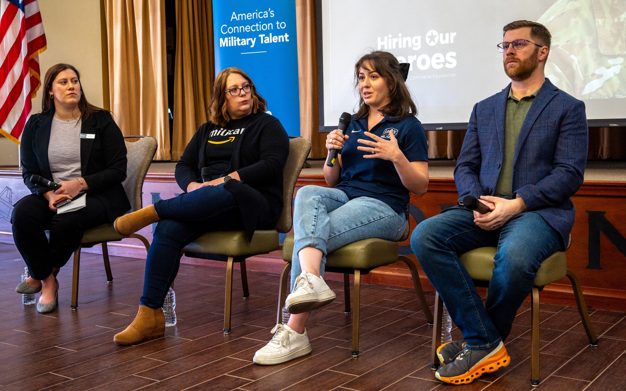 Alexandra Barker, Lowes military recruiter and program manager, participates in a panel during the Hiring our Heroes Career Expo, Jan 18, 2024 at Luke Air Force Base, Arizona.