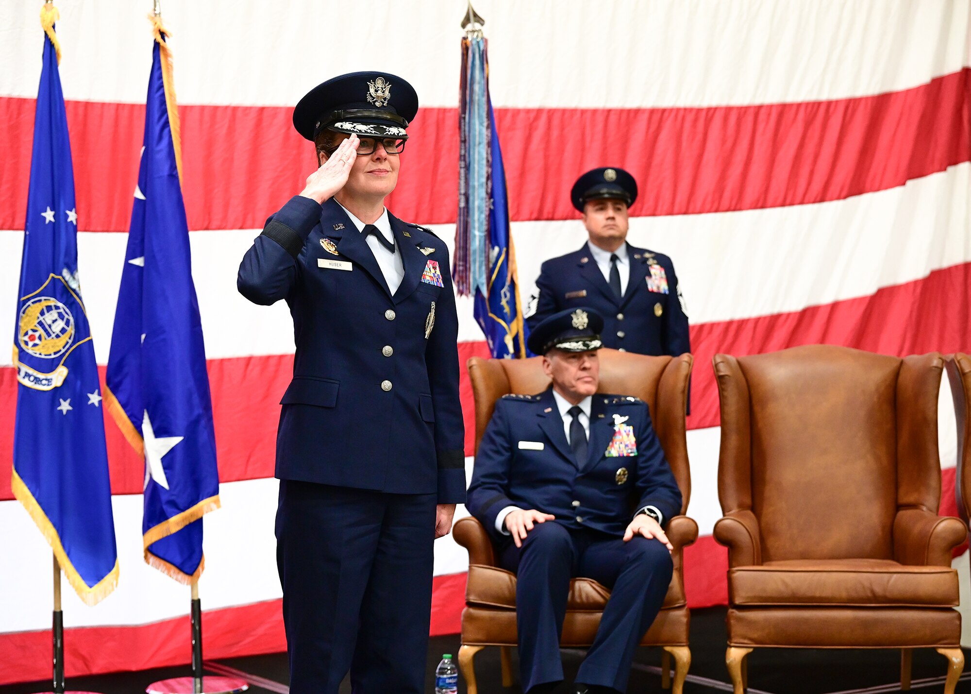 Maj. Gen. Stacy J. Huser, Twentieth Air Force commander, renders her first salute during the 20 AF change of command ceremony on F.E. Warren Air Force Base, Wyoming, Jan. 5, 2024. The ceremony signified the transition of command to Huser from Maj. Gen. Michael J. Lutton. (U.S. Air Force photo by Glenn S. Robertson)