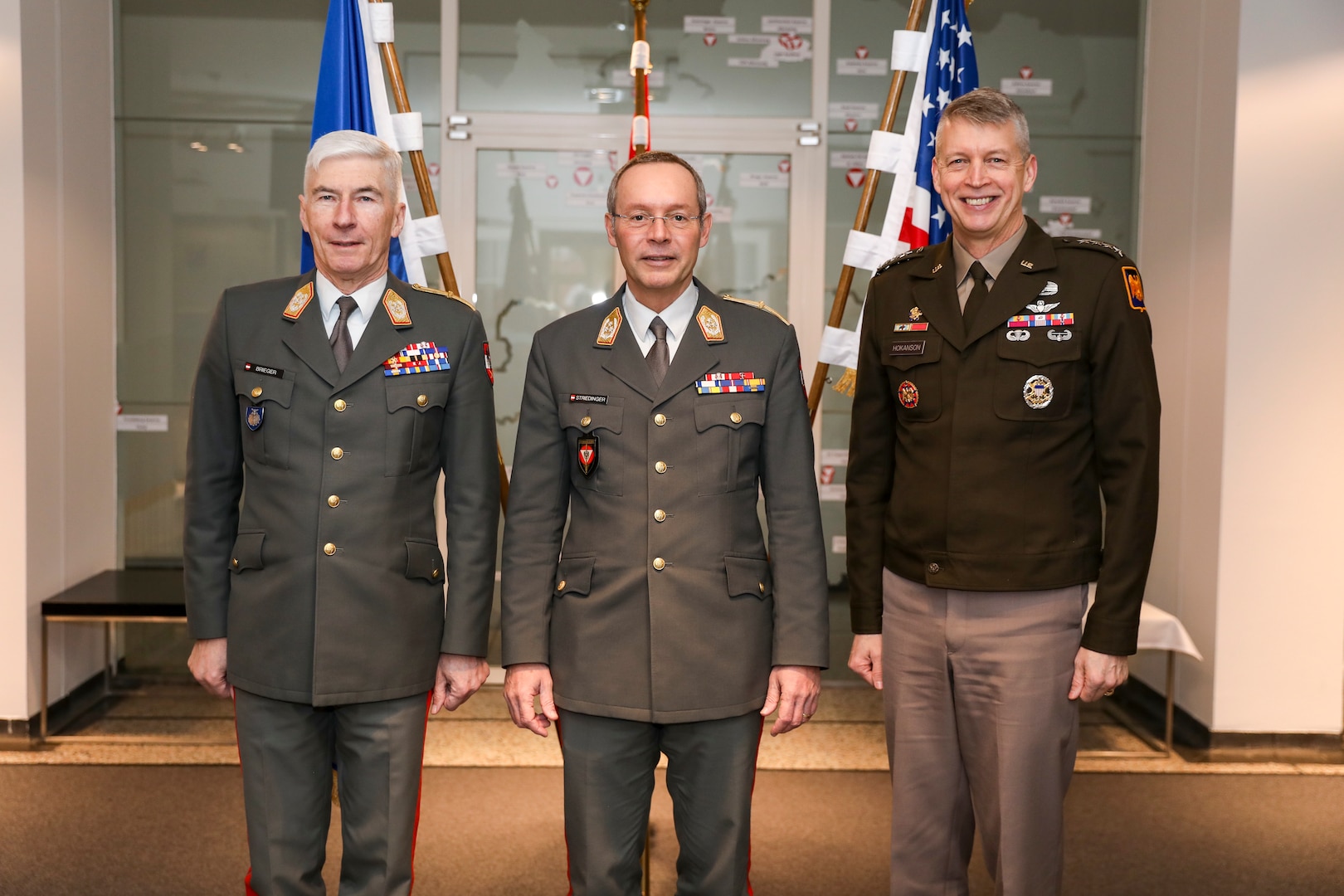 From left, Gen. Robert Brieger, chairman, European Union Military Committee; Gen. Rudolf Striedinger, Austria’s chief of defense, and Army Gen. Daniel Hokanson, chief, National Guard Bureau, at the Federal Ministry of Defence of Austria in Vienna Jan. 19, 2024. Austria and the Vermont National Guard are paired in the 100-nation Defense Department National Guard State Partnership Program.