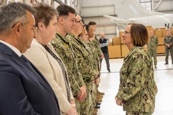 Chief of Naval Operations Adm. Lisa Franchetti recognizes Sailors and civilians during an all-hands call at Naval Air Station Sigonella, Italy, Jan. 23.