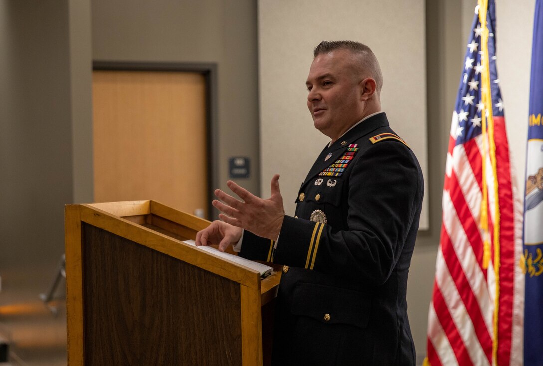 Chief Warrant Officer Four Timothy Collins addresses the audience to thank them for their time and support during his promotion ceremony at the Wellman Auditorium on Boone Center in Frankfort, Kentucky, Jan. 22, 2024. Collins expressed his gratitude to everyone. (Kentucky Army National Guard photo by Sgt. Destini Keene)