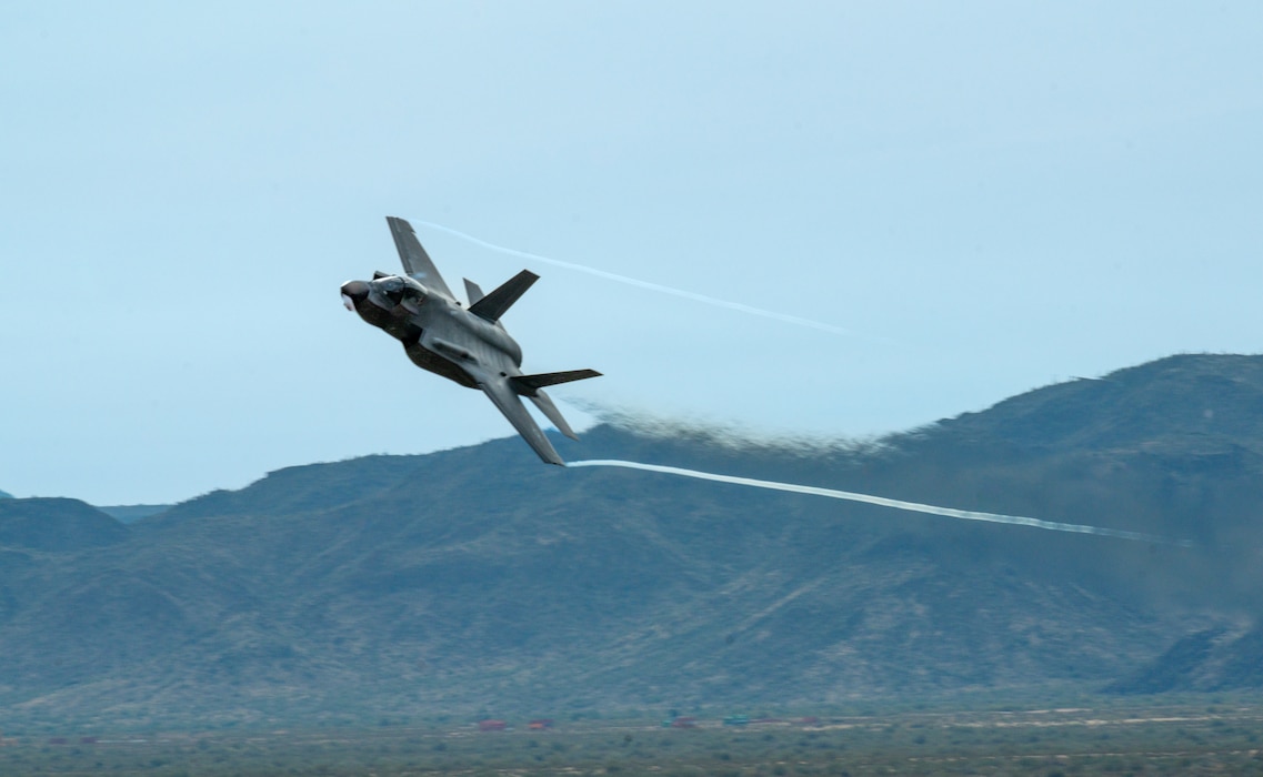 An F-35 Lightning II assigned to the 56th Fighter Wing, performs an aerial maneuver over Barry M. Goldwater Range, Arizona, Jan. 19, 2024.