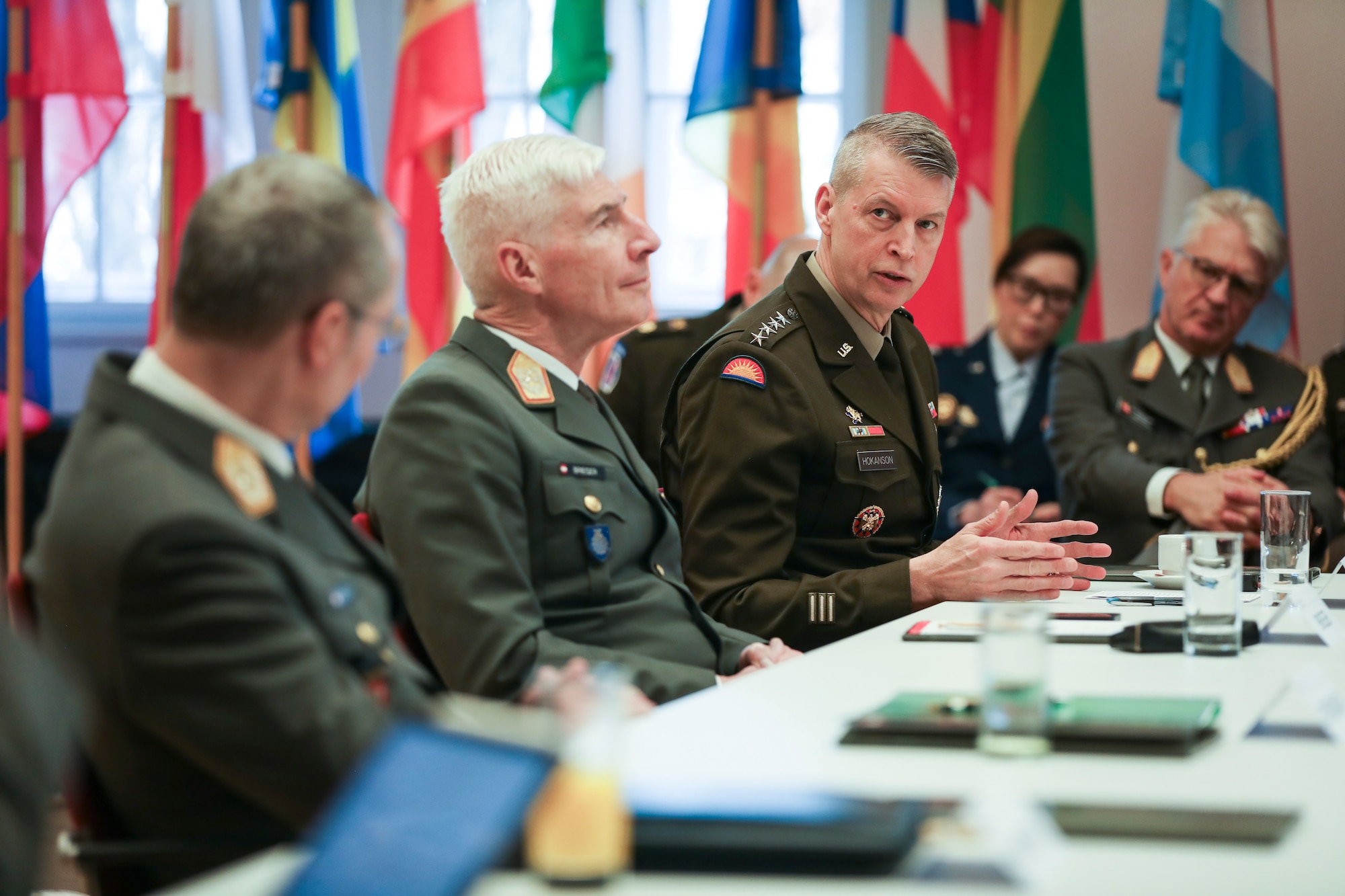 Army Gen. Daniel Hokanson, chief, National Guard Bureau, speaks with Gen. Rudolf Striedinger, Austria’s chief of defense, and joint Austrian Armed Forces leaders at the Federal Ministry of Defence of Austria in Vienna Jan. 19, 2024. Austria and the Vermont National Guard are paired in the 100-nation Defense Department National Guard State Partnership Program.