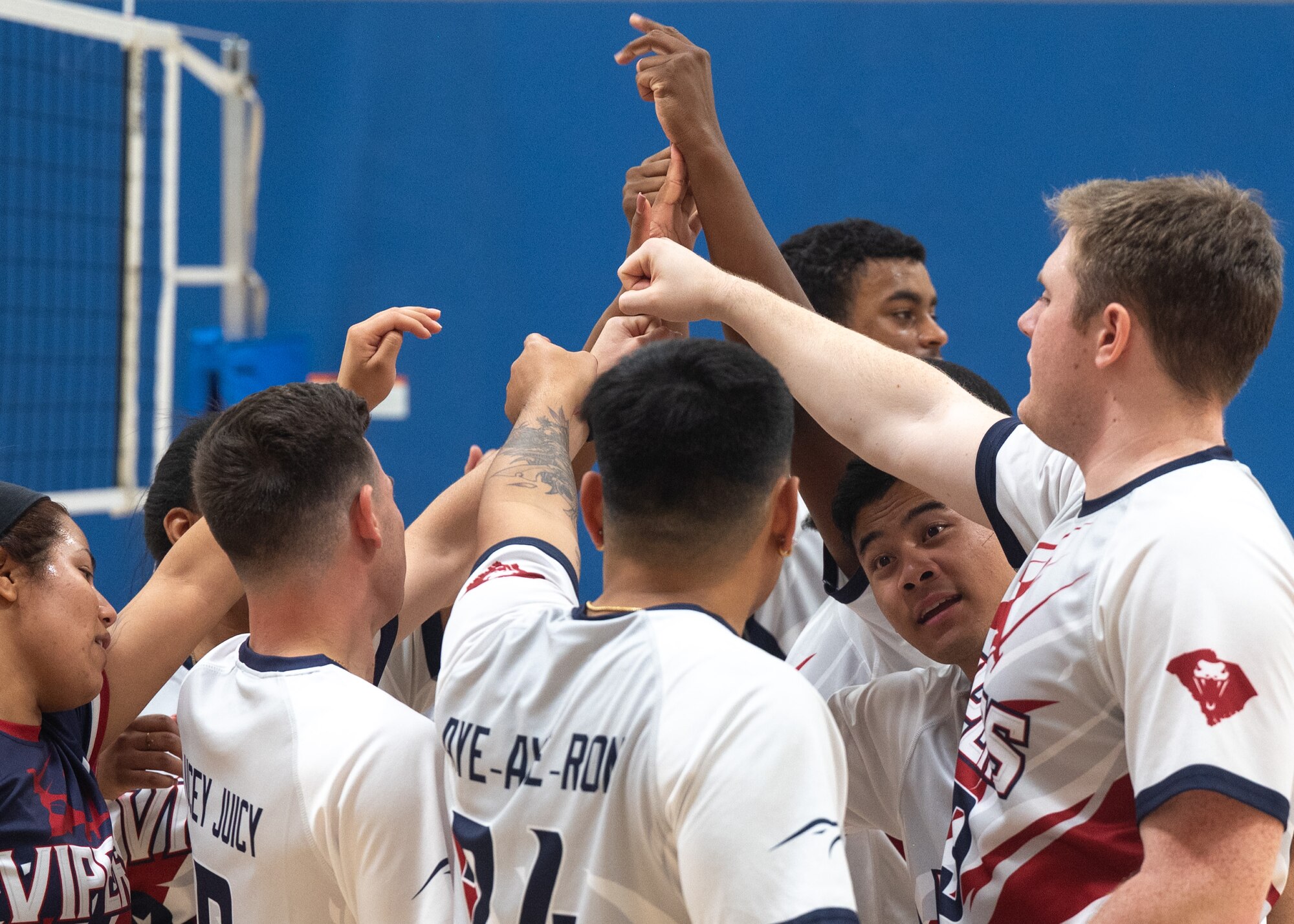 Volleyball players celebrate winning a match