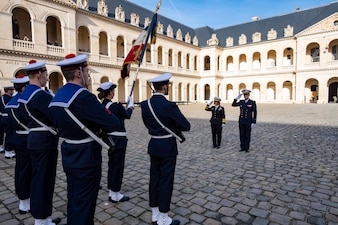 PARIS (Jan. 24, 2024) - Chief of Naval Operations Adm. Lisa Franchetti and Chief of the French Navy Adm. Nicolas Vaujour participate in a full honors ceremony at the Hôtel des Invalides in Paris, Jan. 24. Franchetti traveled to France for the Paris Naval Conference, where she discussed the importance of maritime security and interoperability, and the evolving role of the carrier strike group. (U.S. Navy photo by Chief Mass Communication Specialist Amanda R. Gray/released)