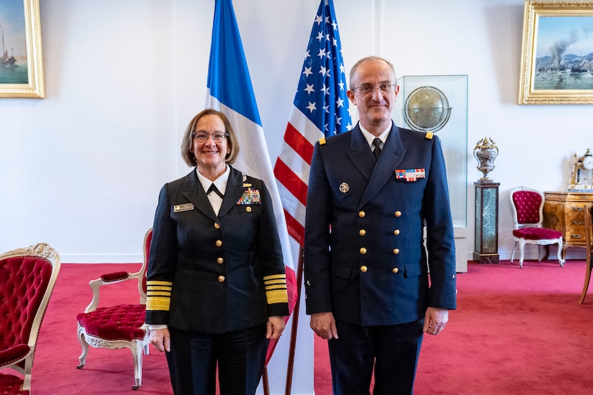 PARIS (Jan. 24, 2024) - Chief of Naval Operations Adm. Lisa Franchetti meets with Chief of the French Navy Adm. Nicolas Vaujour at the Ecole Militaire for a small group discussion in Paris, Jan. 24. During their discussions, they focused on current operations, CNO’s priorities, future deployment opportunities, and increasing interoperability between the navies. (U.S. Navy photo by Chief Mass Communication Specialist Amanda R. Gray/released)