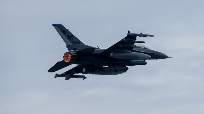 A U.S. Air Force F-16 Fighting Falcon assigned to the 35th Fighter Squadron takes off at Kunsan Air Base, Republic of Korea, Dec. 13, 2023. The 35th FS executes air combat operations in support of U.S. and ROK interests in the Indo-Pacific Command area of responsibility. (U.S. Air Force photo by Staff Sgt. Jovan Banks)