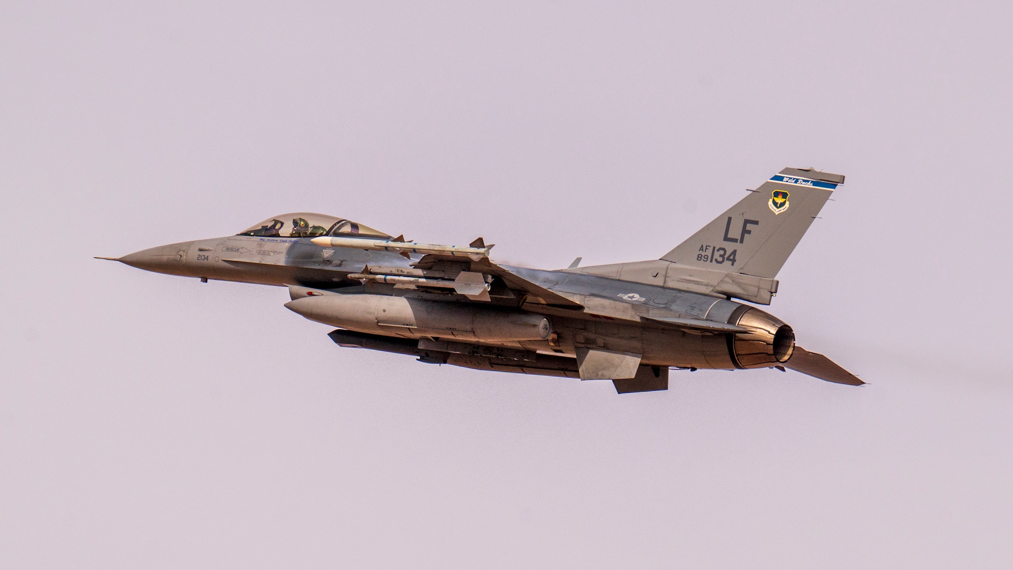 An F-16 Fighting Falcon assigned to the 309th Fighter Squadron, Luke Air Force Base, Arizona, flies over Barry M. Goldwater Range, Arizona, Jan. 19, 2024.