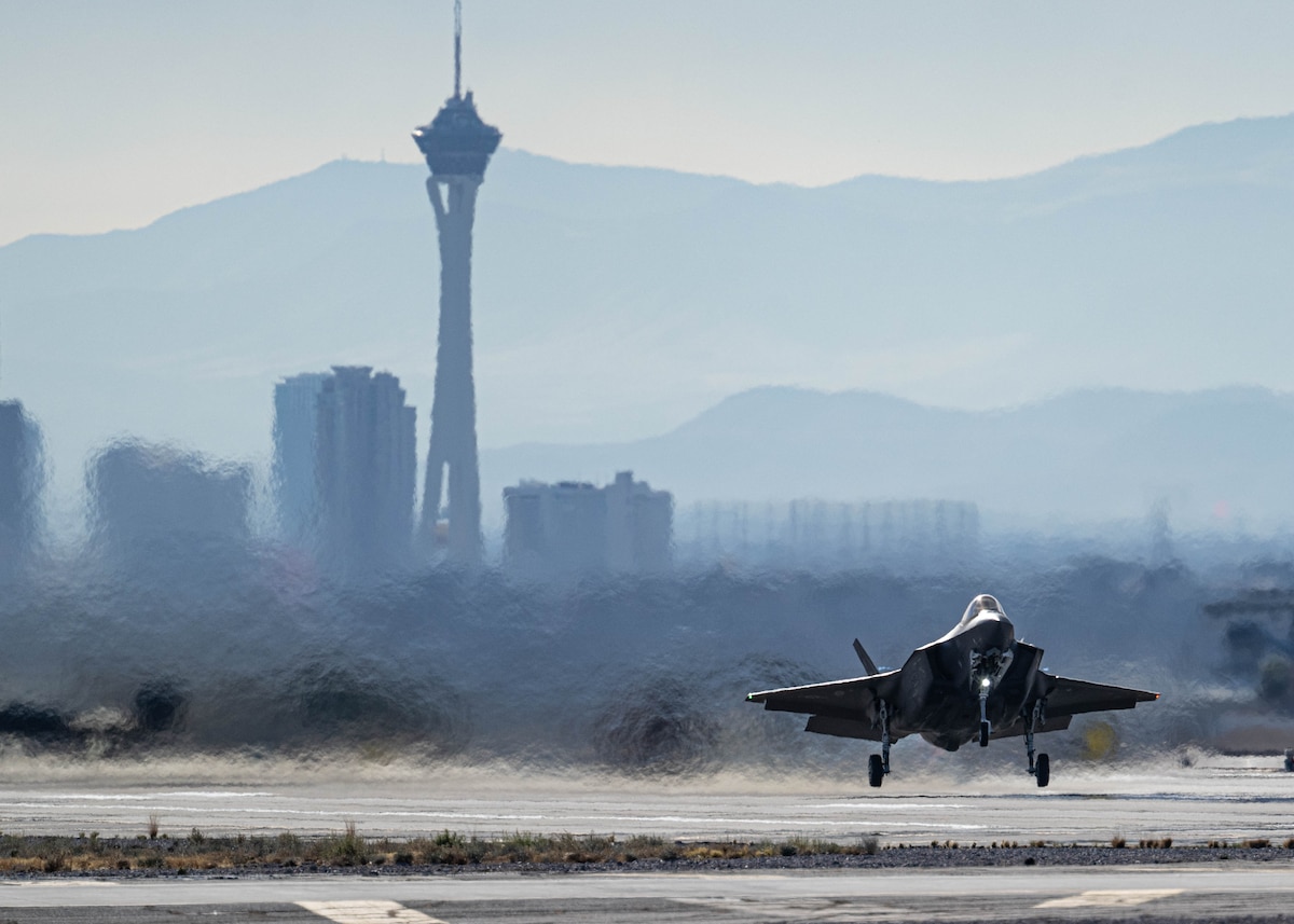 A photo of an F-35 taking off from Nellis Air Force Base
