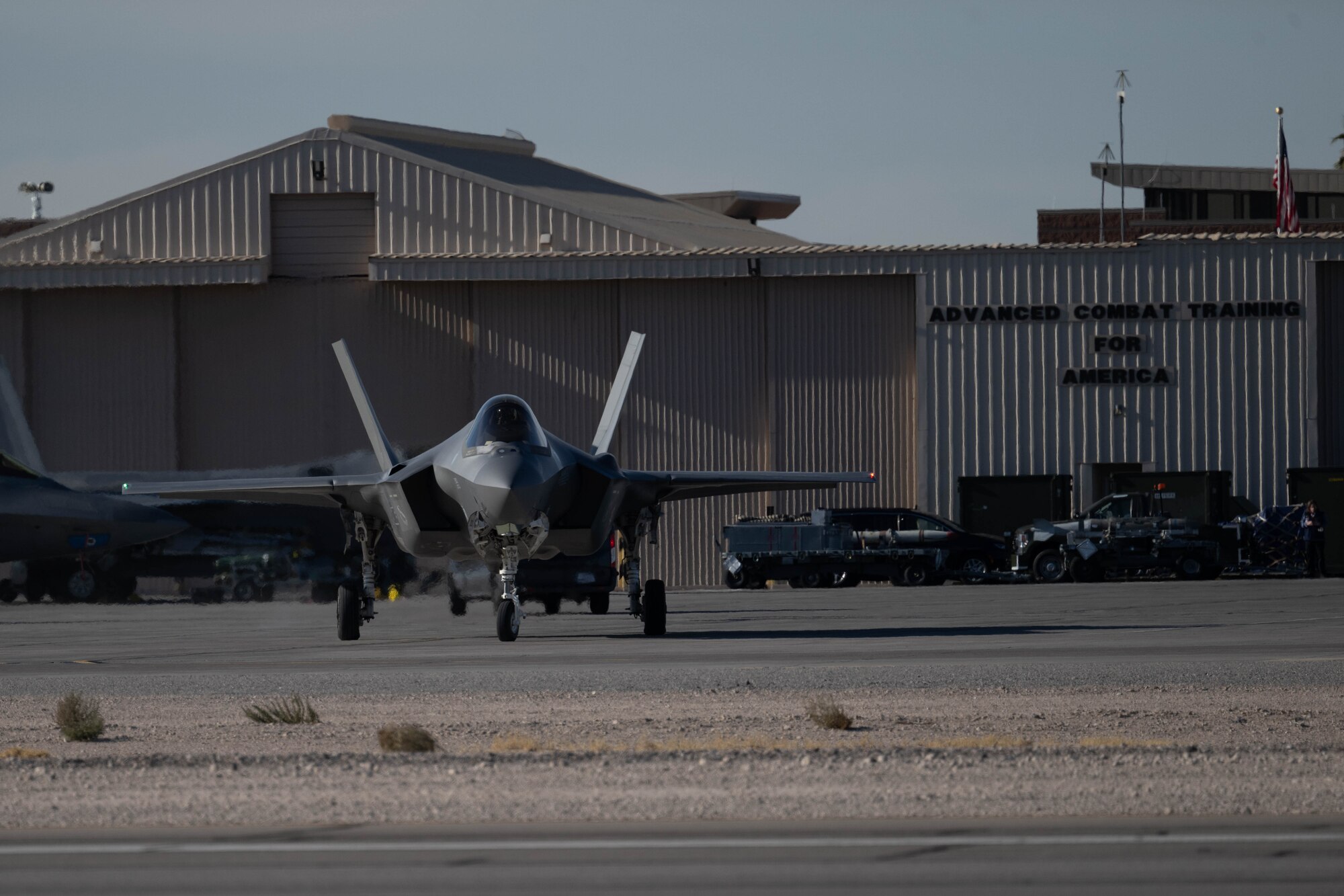 A photo of an F-35 taxiing at Nellis Air Force Base