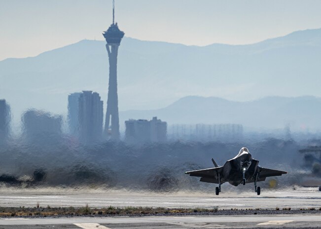 A photo of an F-35 taking off from Nellis Air Force Base