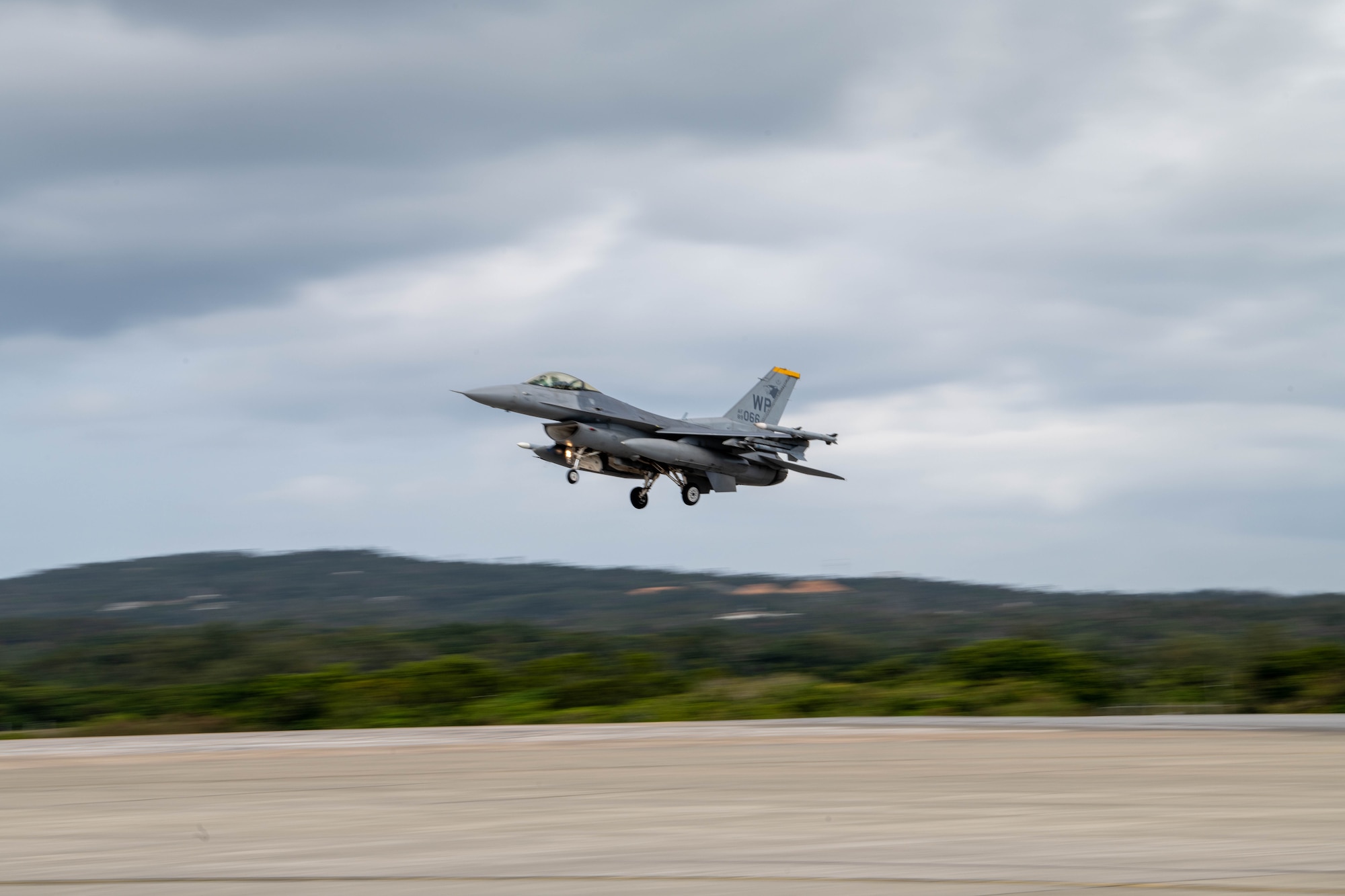 An F-16 Fighting Falcon lands at Kadena Air Base.