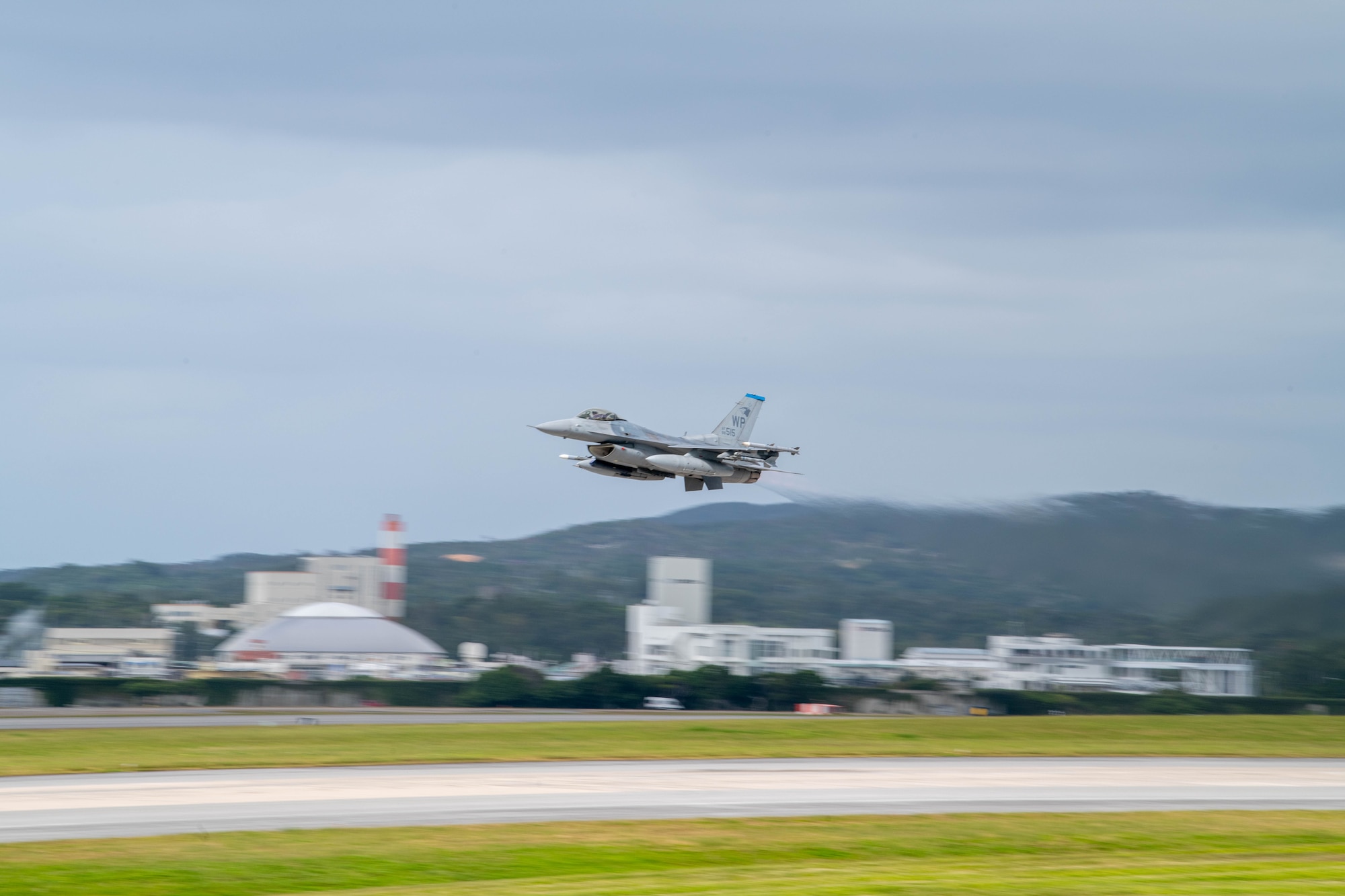 An F-16 Fighting Falcon takes off from Kadena Air Base.