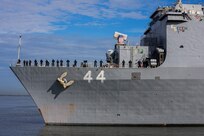 The Whidbey Island-class dock landing ship USS Gunston Hall (LSD 44), departed Naval Station Norfolk, Jan. 24, 2024 commencing operations for Steadfast Defender 2024, NATO's largest excercise in decades. Steadfast Defender will demonstrate NATO's ability to deploy forces rapidly from across the Alliance to reinforce the defense of Europe. (U.S. Navy photo by Mass Communication Specialist 2nd Class Manvir Gill)