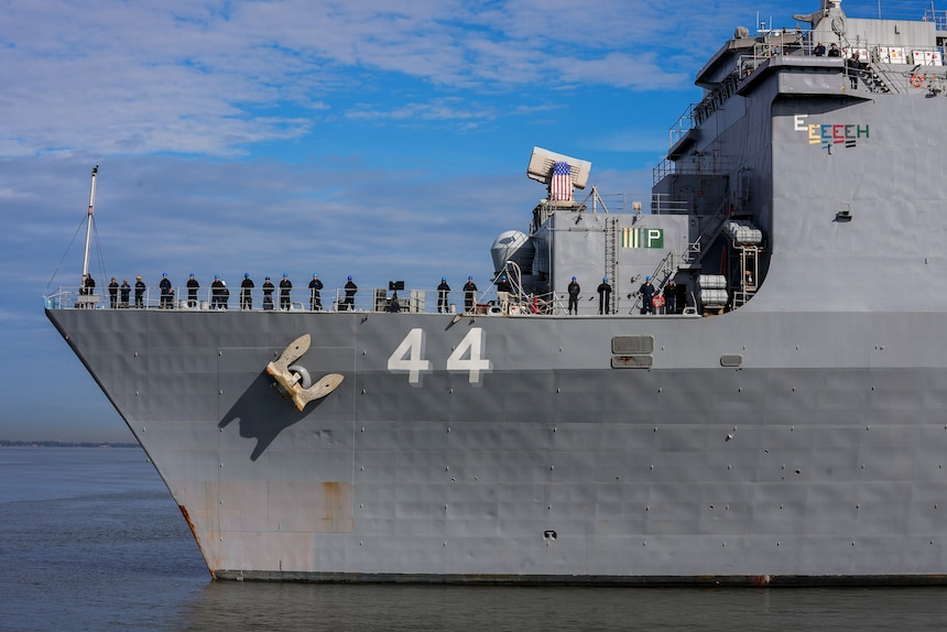The Whidbey Island-class dock landing ship USS Gunston Hall (LSD 44), departed Naval Station Norfolk, Jan. 24, 2024 commencing operations for Steadfast Defender 2024, NATO's largest excercise in decades. Steadfast Defender will demonstrate NATO's ability to deploy forces rapidly from across the Alliance to reinforce the defense of Europe. (U.S. Navy photo by Mass Communication Specialist 2nd Class Manvir Gill)