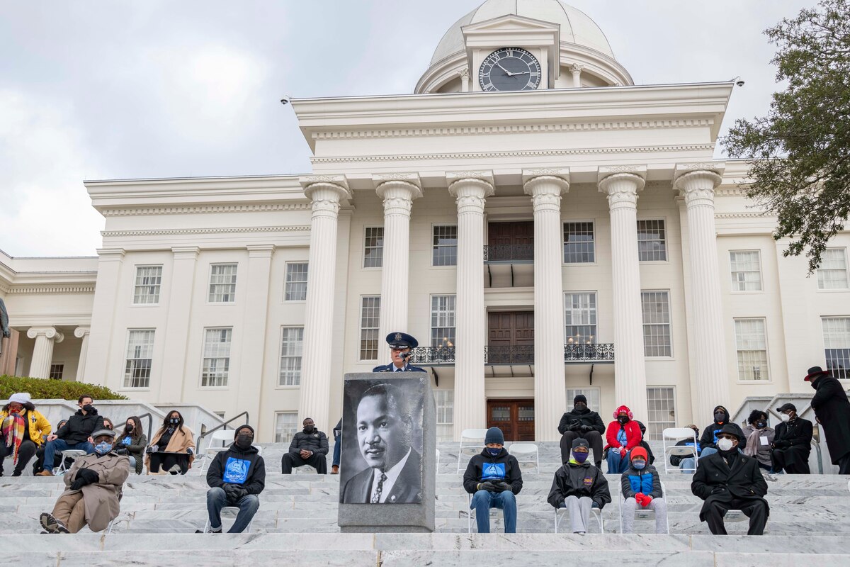 Maxwell AFB, Ala. - 42nd Air Base Wing Commander Colonel Eries Mentzer speaks at the Martin Luther King, Jr. Day celebration at Dexter Ave. on the Capitol steps in Montgomery, Al. on Jan. 17, 2022.  (US Air Force photo by Cassandra Cornwell/Released).