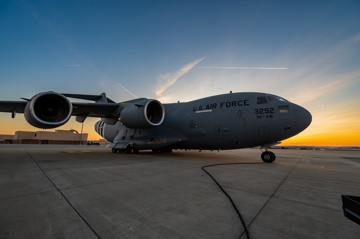 A C-17 Globemaster III assigned to the 911th Airlift Wing sits on the flight line at the Pittsburgh International Airport Air Reserve Station, Pennsylvania, Jan. 5, 2024.