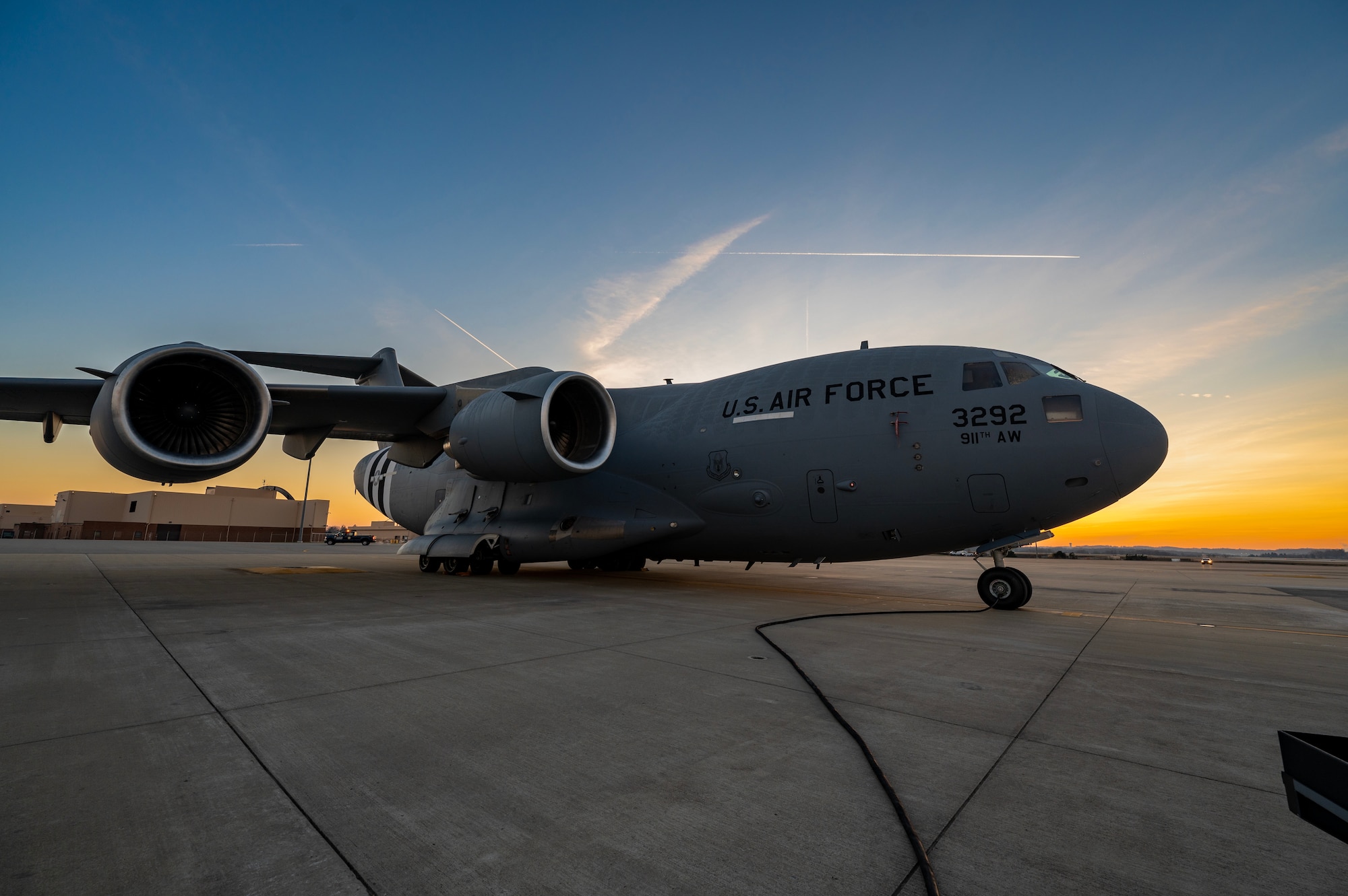A C-17 Globemaster III assigned to the 911th Airlift Wing sits on the flight line at the Pittsburgh International Airport Air Reserve Station, Pennsylvania, Jan. 5, 2024.