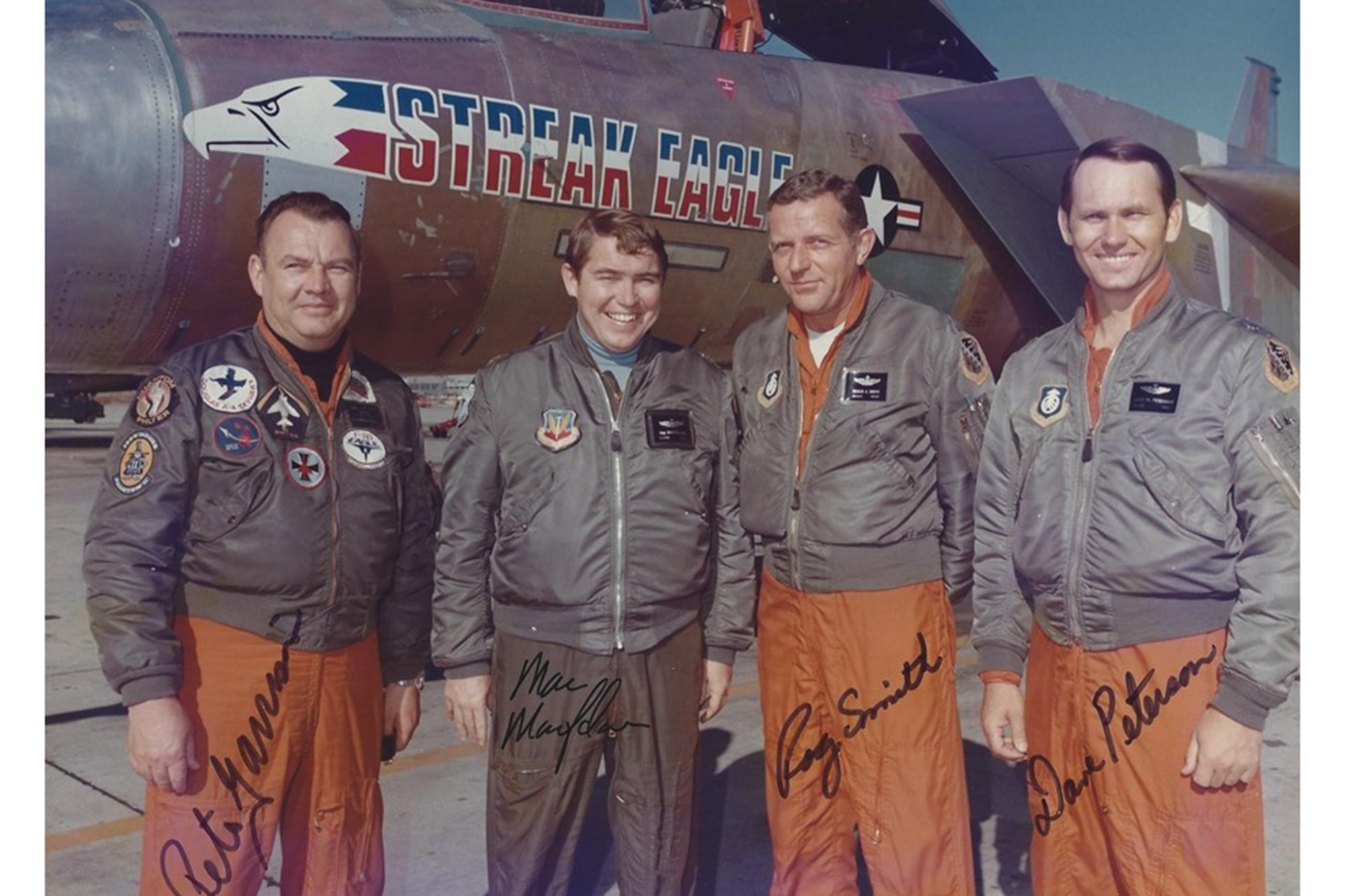 Historic photo of the McDonnell Douglas F-15 Streak Eagle pilots..