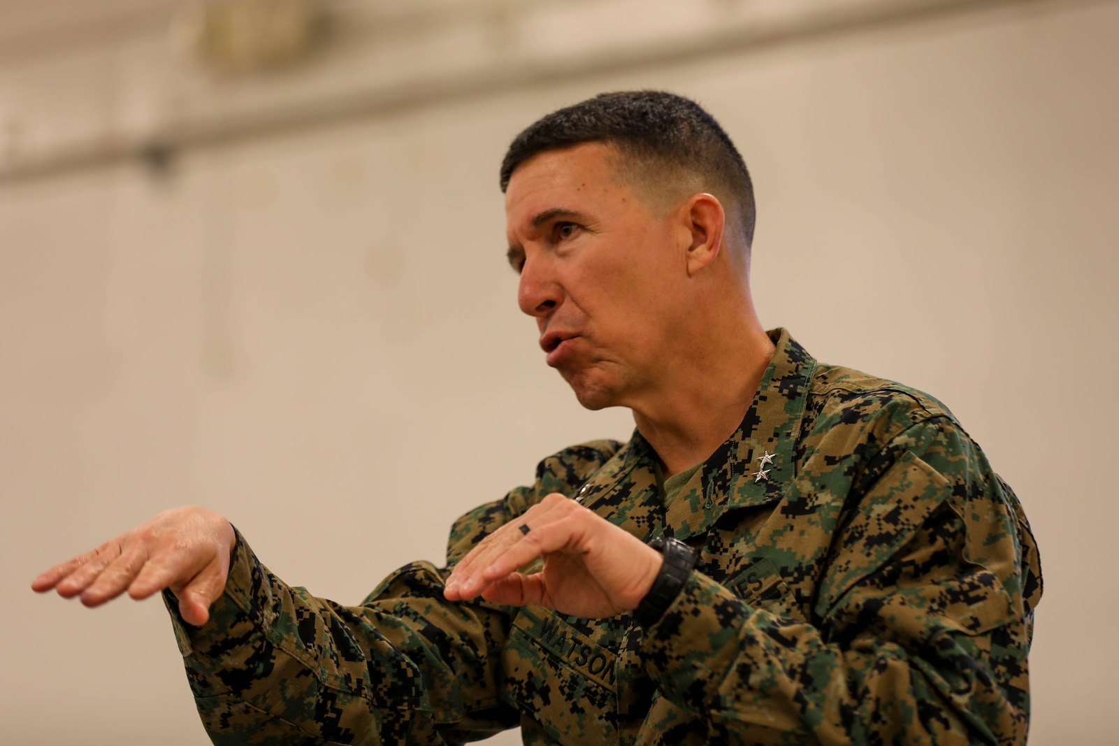 U.S. Marine Corps Maj. Gen. Benjamin T. Watson, the commanding general of 1st Marine Division, addresses students of the Division Schools’ company commanders course at Marine Corps Base Camp Pendleton, California, Jan. 22, 2024. The division instituted the company commanders course to better prepare officers for company and battery command. (U.S. Marine Corps photo by Lance Cpl. Andrew Whistler)