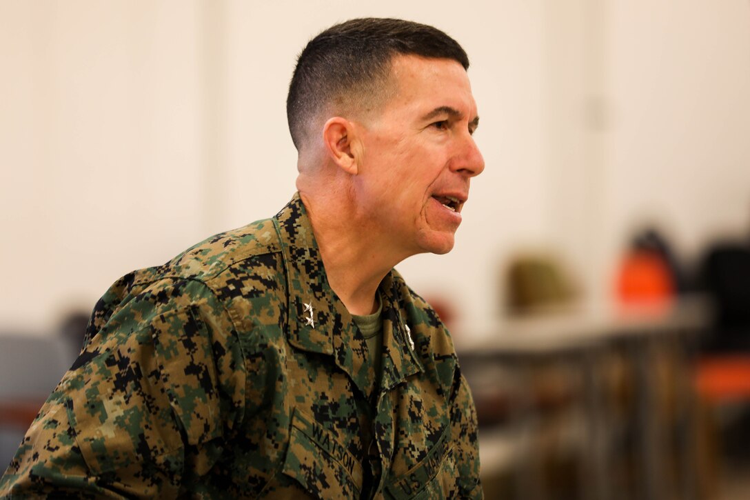 U.S. Marine Corps Maj. Gen. Benjamin T. Watson, the commanding general of 1st Marine Division, addresses students of the Division Schools’ company commanders course at Marine Corps Base Camp Pendleton, California, Jan. 22, 2024. The division instituted the company commanders course to better prepare officers for company and battery command. (U.S. Marine Corps photo by Lance Cpl. Andrew Whistler)