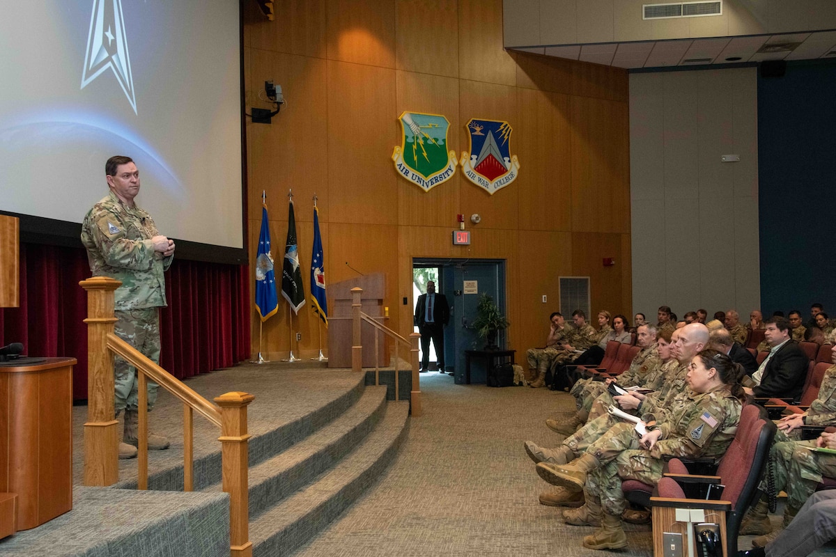 Chief of Space Operations Gen. Chance Saltzman addresses Air War College students during his visit to Maxwell Air Force Base, Ala., Jan. 23, 2024