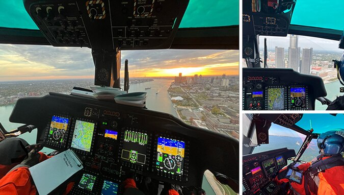 New glass cockpit displays project navigation, flight and engine performance on large screens, greatly improving situational awareness for MH-65E pilots. The screens replace the rows of dials and gauges that traditionally functioned as aircraft instruments.