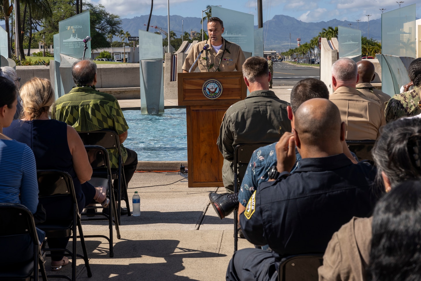 JOINT BASE PEARL HARBOR – HICKAM, Hawaii (Jan. 18, 2024) Deputy Commander, Navy Closure Task Force – Red Hill (NCTF-RH), Rear Adm. Marc Williams, addresses the crowd during a plank owner ceremony at Joint Base Pearl Harbor - Hickam, Jan. 18, 2024. Charged with the safe closure of the Red Hill Bulk Fuel Storage Facility (RHBFSF), NCTF-RH was established by the Department of the Navy as a commitment to the community and the environment. The task force is forming and expects take on responsibilities for Red Hill from Joint Task Force-Red Hill in early Spring 2024. NCTF-RH continues to engage in conversations in formal and informal forums with the people of Hawaii, regulatory agencies, and experts and officials to keep stakeholders informed as the Navy works to safely and deliberately close the RHBFSF.(U.S. Navy photo by Mass Communications Specialist 1st Class Luke McCall)