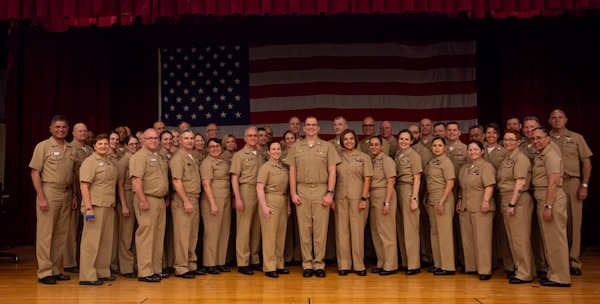 240119-N-KC192-1025 PORTSMOUTH, Va. (Jan. 19, 2024) Rear Adm. Peterson, deputy commander Reserve Component Naval Medical Forces Atlantic (NMFL), and director, Navy Reserve Nurse Corps, prospective and current commanding officers, executive officers and senior enlisted leaders take a group photo during an annual reserve leadership synch on board NSA Hampton Roads - Portsmouth Annex, Jan. 19, 2024. The synch included training and mentorship opportunities for prospective reserve commanding and executive officers along with their senior enlisted leaders across the region and to ensure alignment on future and current efforts are maintained. (U.S. Navy photo by Mass Communication Specialist 2nd Class Levi Decker)