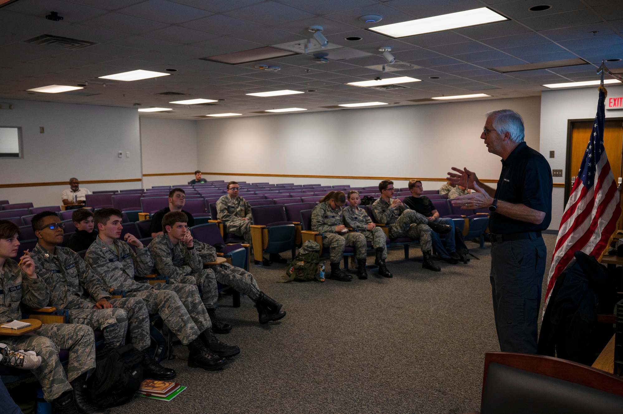 Cadets with the Colonel Berta A. Edge Composite Squadron of the Mississippi Civil Air Patrol listen to a briefing on the basics of aviation at Keesler Air Force Base, Mississippi, Jan. 9, 2024.