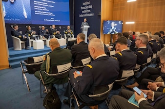 PARIS (Jan. 25, 2024) - Adm. Enrico Credendino, Chief of the Italian Navy; Chief of Naval Operations Adm. Lisa Franchetti; Chief of the French Navy Adm. Nicolas Vaujour; Royal Navy First Sea Lord and Chief of the Naval Staff of the United Kingdom Adm. Sir Ben Key, and Vice-Admiral Rajesh Pendharkar, Flag Officer Commanding-in-Chief Eastern Naval Command, Indian Navy, discuss “Future Challenges and Perspectives for Navies” during the Paris Naval Conference, Jan. 25. During the panel, Franchetti emphasized the value of planning, exercising and operating together to enhance interoperability between the navies. (U.S. Navy photo by Chief Mass Communication Specialist Amanda R. Gray/released)