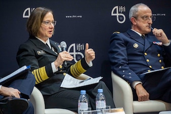 PARIS (Jan. 25, 2024) - Adm. Enrico Credendino, Chief of the Italian Navy; Chief of Naval Operations Adm. Lisa Franchetti; Chief of the French Navy Adm. Nicolas Vaujour; Royal Navy First Sea Lord and Chief of the Naval Staff of the United Kingdom Adm. Sir Ben Key, and Vice-Admiral Rajesh Pendharkar, Flag Officer Commanding-in-Chief Eastern Naval Command, Indian Navy, discuss “Future Challenges and Perspectives for Navies” during the Paris Naval Conference, Jan. 25. During the panel, Franchetti emphasized the value of planning, exercising and operating together to enhance interoperability between the navies. (U.S. Navy photo by Chief Mass Communication Specialist Amanda R. Gray/released)